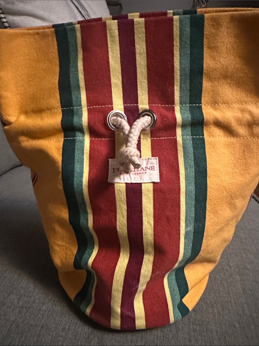 L'OCCITANE Red, Yellow & Burgundy Striped Drawstring Pouch Bucket Bag - Picture 6 of 9